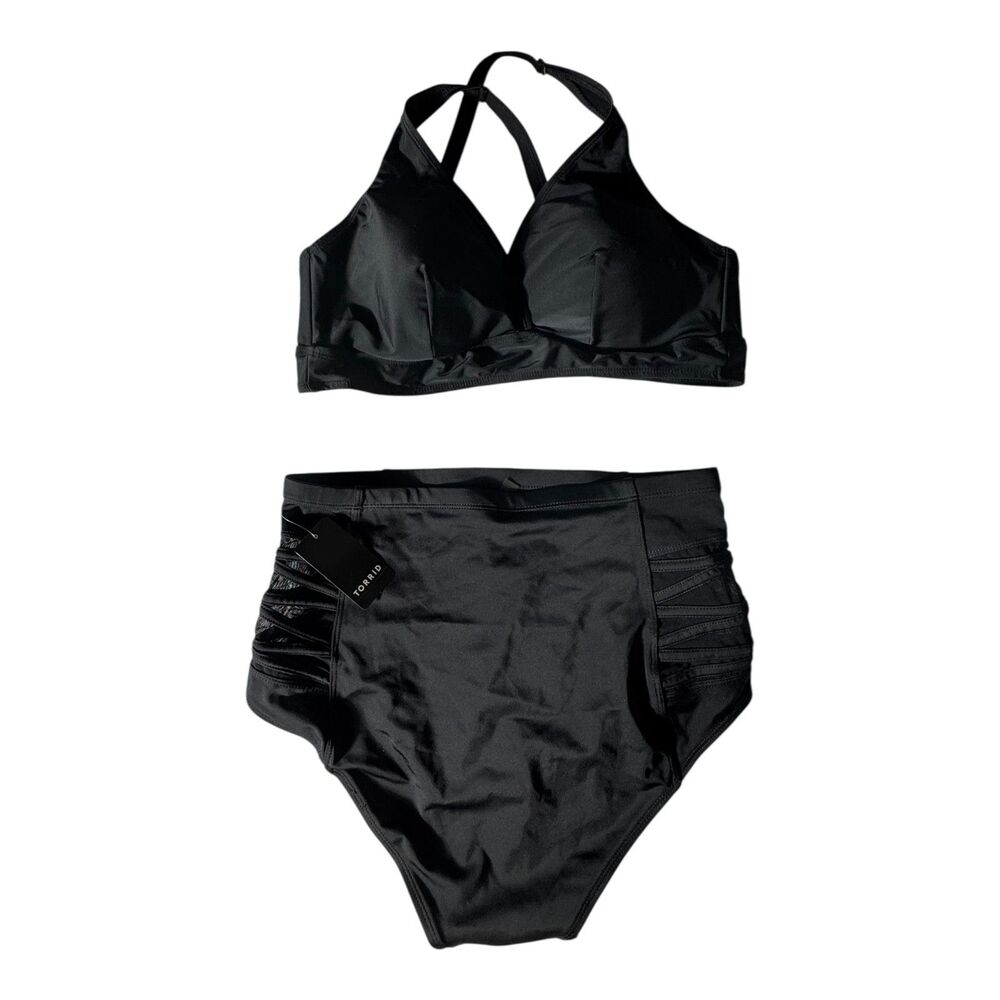 Torrid Black Bikini Set Size 0 High Waist Mesh Lattice Bottom + Triangle Top